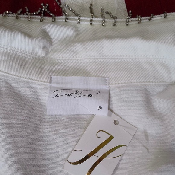 NWT Dee Dee Rhinestone Fringed White Denim Jacket OverSized Small (P23,L16.5) - Picture 7 of 7
